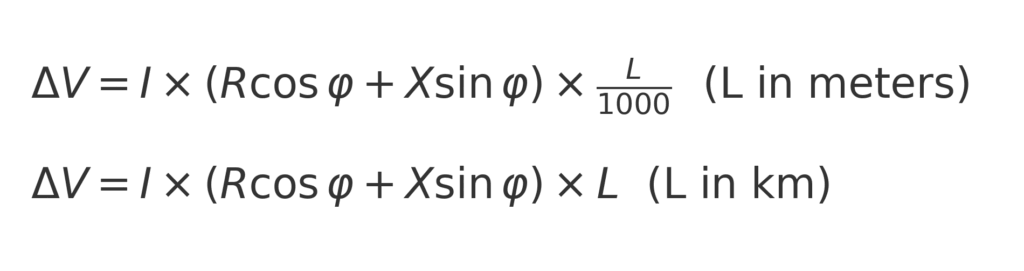 ΔV = I × (R cos φ + X sin φ) × L / 1000